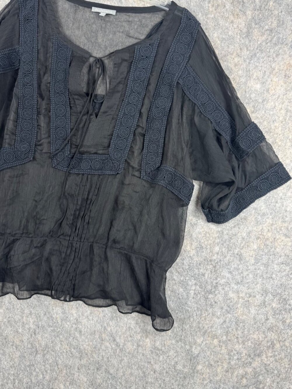Daniel Rainn Black Boho Blouse Plus Sz 2X Crochet Semi Sheer - Picture 2 of 9